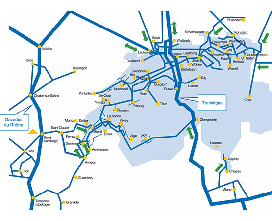 Le réseau de Gaznat, alimenté à partir de plusieurs points : le gazoduc Transitgas traversant la Suisse entre l’Allemagne et l’Italie, et depuis la France, à travers trois points. Gaznat