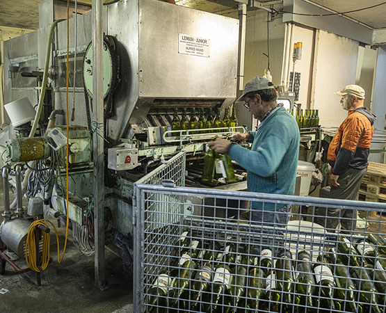 A la Cave de la Crausaz (Féchy), une machine vieille de 40 ans lave entre 1600 et 3000 bouteilles par heure. La Cave la prête à des confrères vignerons et à des microbrasseries. ARC Jean-Bernard Sieber